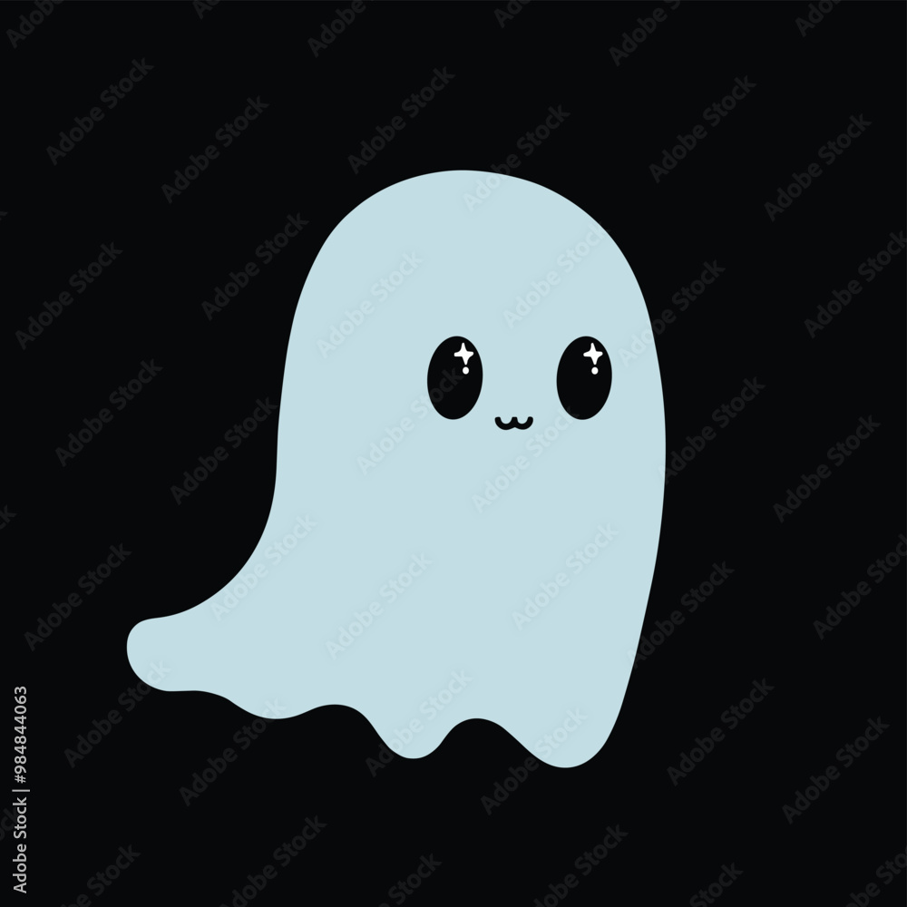 Cute cartoon ghost with big eyes and a small smile on a black background. Cute cartoon ghost with big eyes and a small smile on a black background.