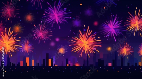 Colorful Fireworks Over City Skyline