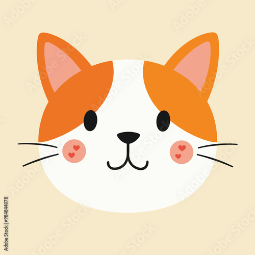 Cute cartoon illustration of an orange and white cat face with heart-shaped cheeks on a beige background.