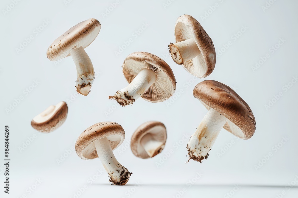 Fresh champignon mushrooms floating against a white background. Fresh champignon mushrooms floating against a white background.
