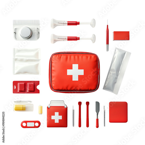 A first aid kit containing essential medical supplies, including bandages, syringes, and antiseptics, all organized in a vibrant red case. photo