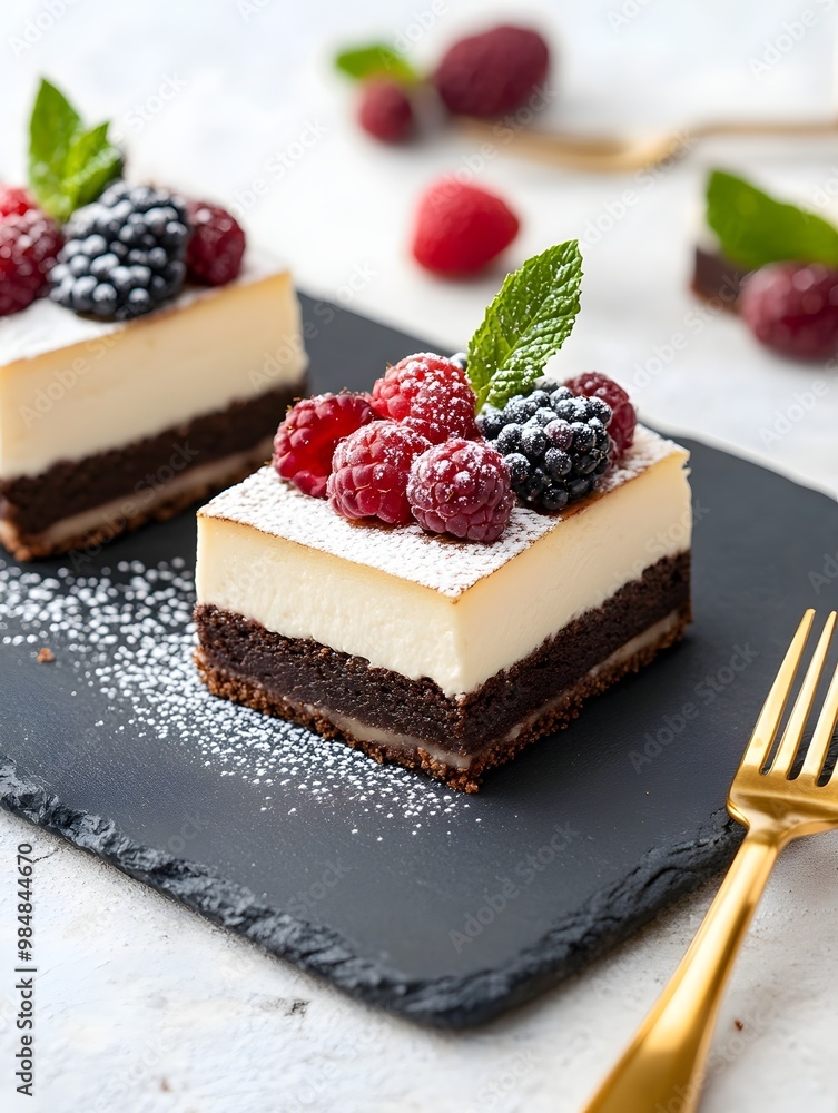 Decadent Brownies and Creamy Cheesecake Dessert - Indulgent Treats Garnished with Berries on Slate Platter Perfect for Food Photography and Culinary Presentations Decadent Brownies and Creamy Cheesecake Dessert - Indulgent Treats Garnished with Berries on Slate Platter Perfect for Food Photography and Culinary Presentations