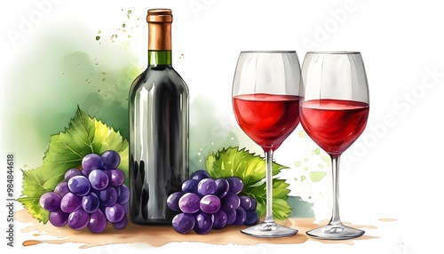 Elegant watercolor depiction of a wine bottle alongside two filled glasses, capturing a moment of indulgence and sophistication.