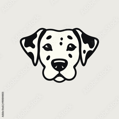 Simple black and white illustration of a Dalmatian dog face on a light gray background.