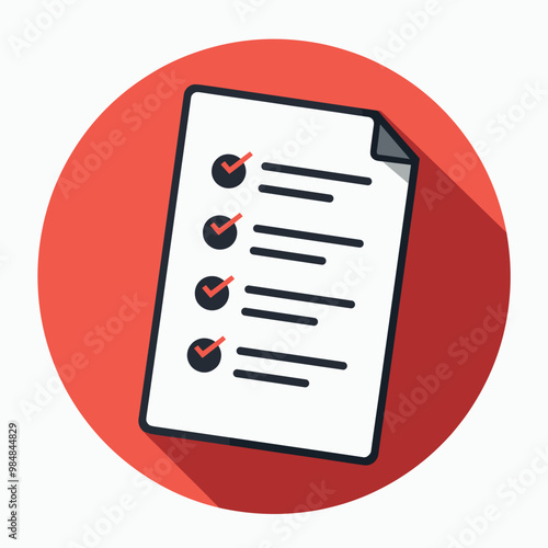 Flat design illustration of a checklist with tick marks inside a red circle.