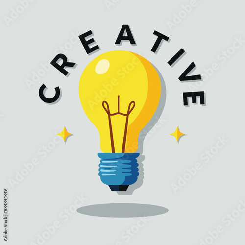 Bright yellow lightbulb with the word 'CREATIVE' and stars, symbolizing innovation and ideas.