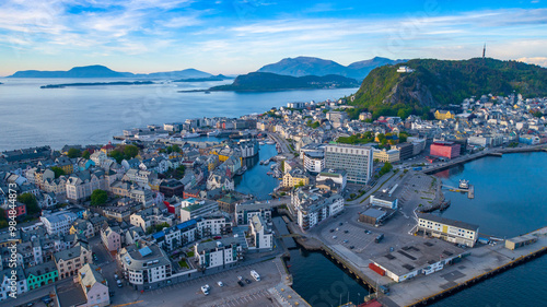 Norway Town Ålesund From Aerial Drone with canals, boats, and mountain