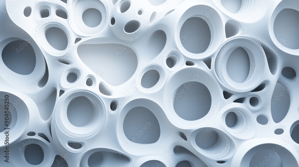 The image is a white and grey abstract piece with many small circles. The circles are arranged in a way that creates a sense of depth and texture The image is a white and grey abstract piece with many small circles. The circles are arranged in a way that creates a sense of depth and texture