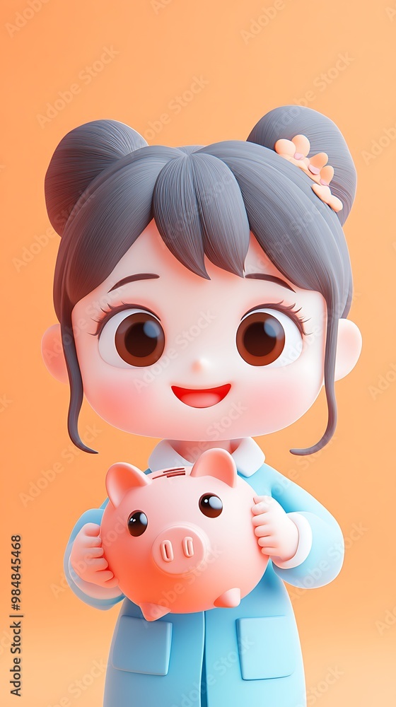 Cute Cartoon Girl Holding Pink Piggy Bank, Financial Savings Concept Illustration Cute Cartoon Girl Holding Pink Piggy Bank, Financial Savings Concept Illustration