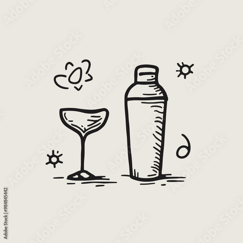 Black and white doodle of a cocktail shaker and glass, evoking a playful and casual mood.