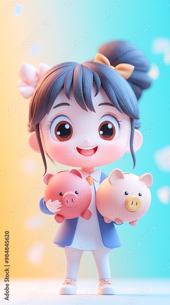 Cute cartoon girl holding two piggy banks. Savings, finance, money concept illustration. Cute cartoon girl holding two piggy banks. Savings, finance, money concept illustration.