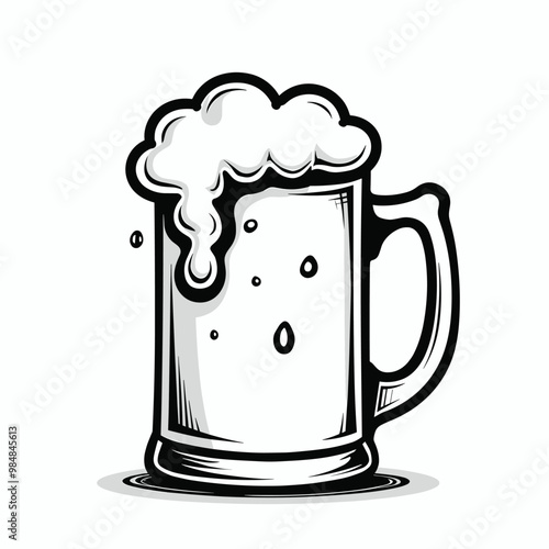 Illustration of a beer mug filled with frothy beverage in black and white style.