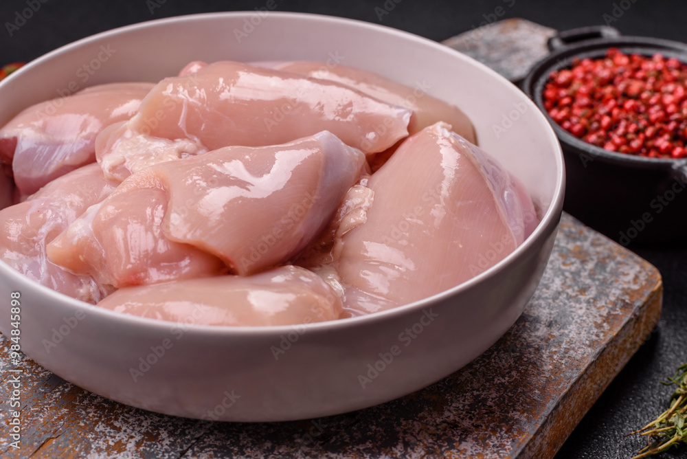 Fresh chicken fillet on a dark concrete table with spices and herbs Fresh chicken fillet on a dark concrete table with spices and herbs