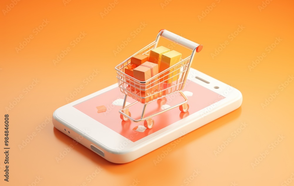 A small shopping cart filled with gifts sits on top of a smartphone against an orange background. A small shopping cart filled with gifts sits on top of a smartphone against an orange background.