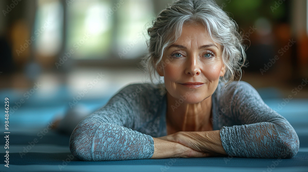 A mature woman with gray hair smiles gently. A mature woman with gray hair smiles gently.