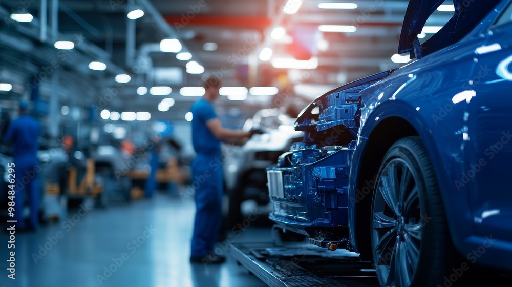 A busy modern car repair shop with mechanics working on a blue car, showcasing expertise and professionalism in automotive maintenance. A busy modern car repair shop with mechanics working on a blue car, showcasing expertise and professionalism in automotive maintenance.