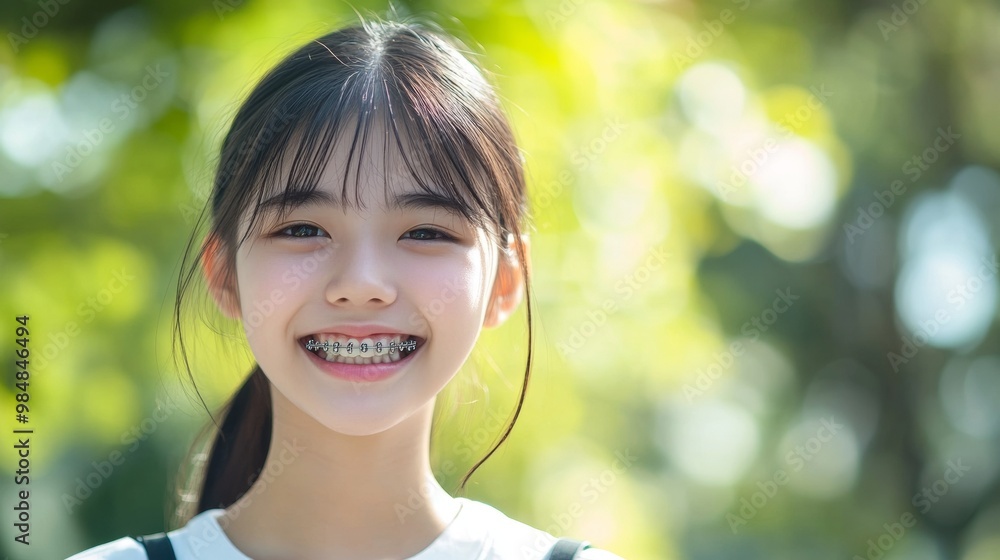 Smiling with Braces. Portrait of a Young Asian Girl in Orthodontic Treatment Smiling with Braces. Portrait of a Young Asian Girl in Orthodontic Treatment