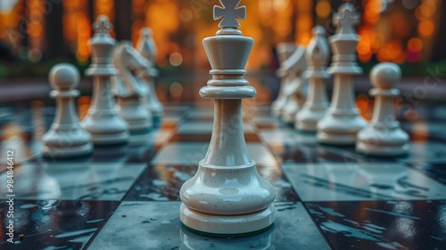 A chess board with white chess pieces on it photo