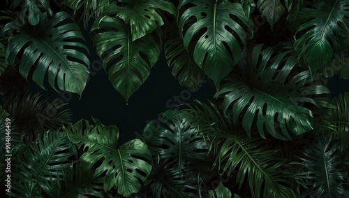 Lush tropical leaves framing a dark green background.