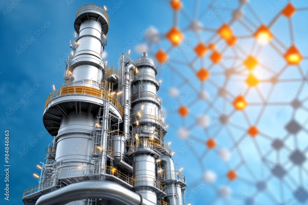 Φωτογραφία Industrial oil plant set against a backdrop of clean geometric shapes and a ligh