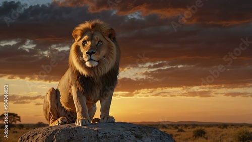 Majestic lion on a rock overlooking the savanna at sunset.