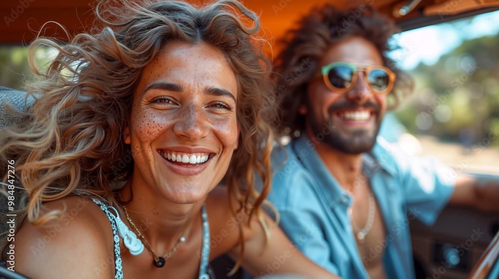 A man and a woman sitting in the back seat of a car smiling A man and a woman sitting in the back seat of a car smiling
