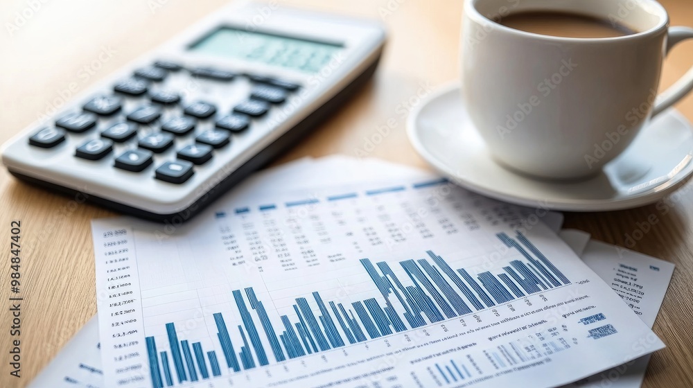 A financial report with a detailed stock chart showing historical performance and trends, placed on a desk with a calculator and a cup of coffee. A financial report with a detailed stock chart showing historical performance and trends, placed on a desk with a calculator and a cup of coffee.