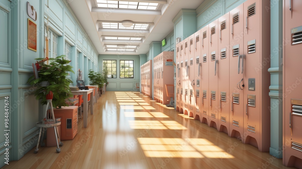 Renovated school corridor featuring new lockers in a rural environment. Renovated school corridor featuring new lockers in a rural environment.