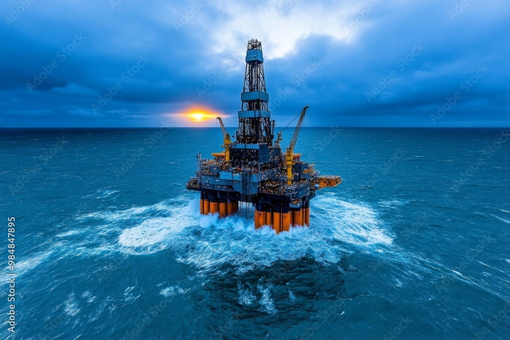 Offshore oil platform, with waves crashing against its base and a bright sunset in the distance Offshore oil platform, with waves crashing against its base and a bright sunset in the distance