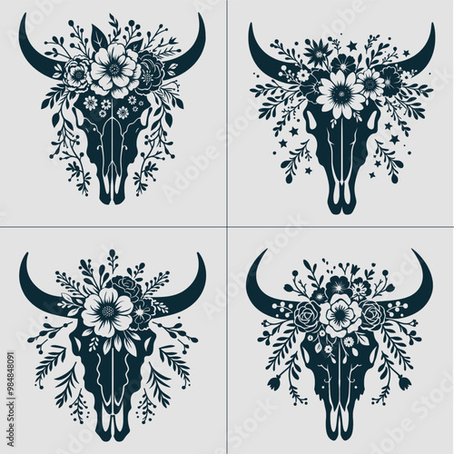 Cow Skull With Flower Svg, Cow Skull Svg, Cow Skull Flower Svg, Cow Skoll Floral Svg, Cow Skull Svg Files, Cow Svg, Boho Svg photo