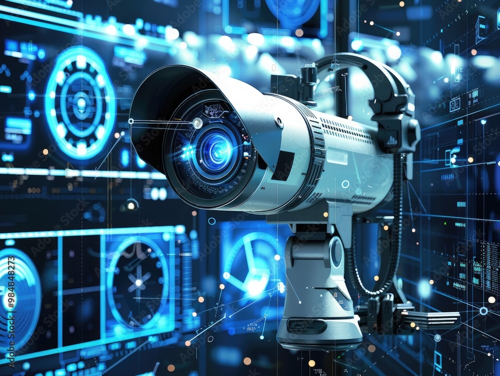 Advanced Surveillance Technology Concept with High-Definition CCTV Camera in a Futuristic Interface Environment Advanced Surveillance Technology Concept with High-Definition CCTV Camera in a Futuristic Interface Environment