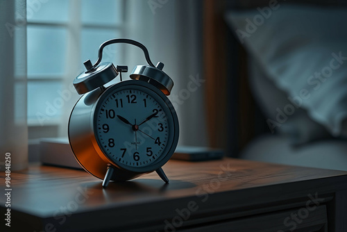 alarm clock on nightstand in bedroom photo