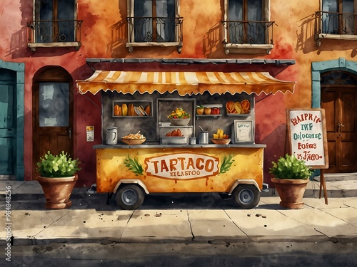 Mexican street taco stand in watercolor style. photo