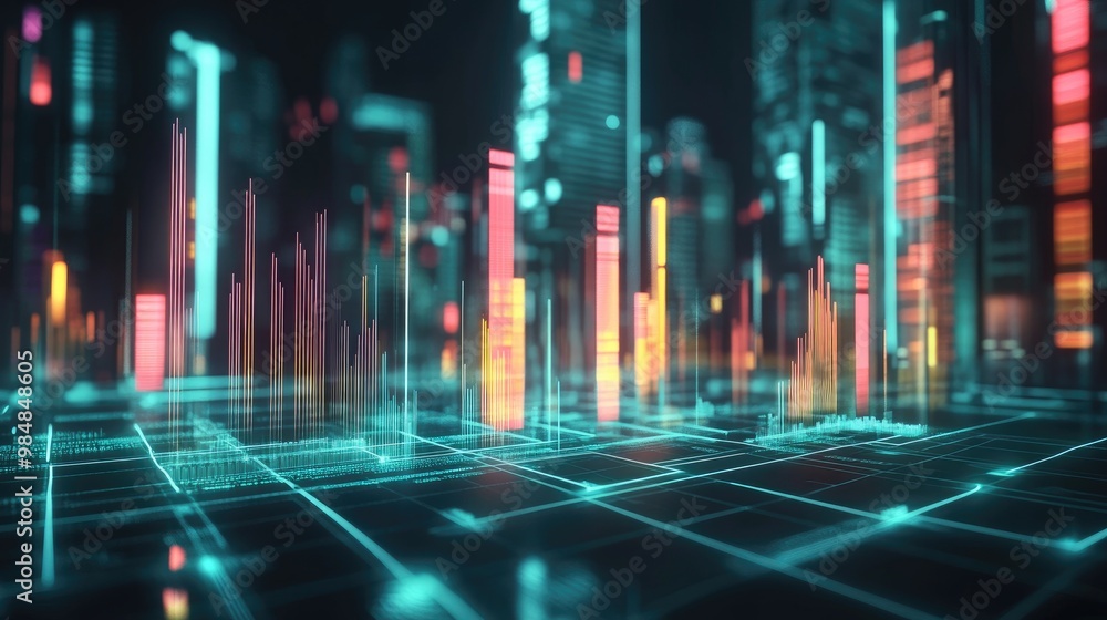 A futuristic 3D bar chart with glowing, transparent bars representing financial data, rising from a digital grid, showing trends and analytics in a high-tech environment. A futuristic 3D bar chart with glowing, transparent bars representing financial data, rising from a digital grid, showing trends and analytics in a high-tech environment.