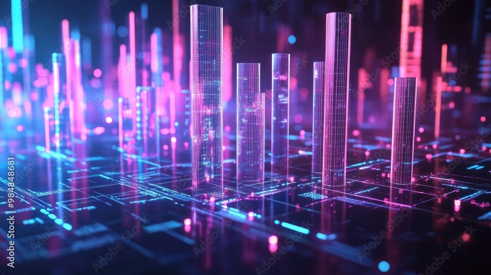 A futuristic 3D bar chart with glowing, transparent bars representing financial data, rising from a digital grid, showing trends and analytics in a high-tech environment. A futuristic 3D bar chart with glowing, transparent bars representing financial data, rising from a digital grid, showing trends and analytics in a high-tech environment.