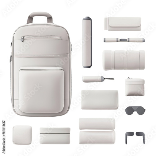 A stylish, minimalist white backpack surrounded by various sleek accessories, highlighting modern design and organization. photo