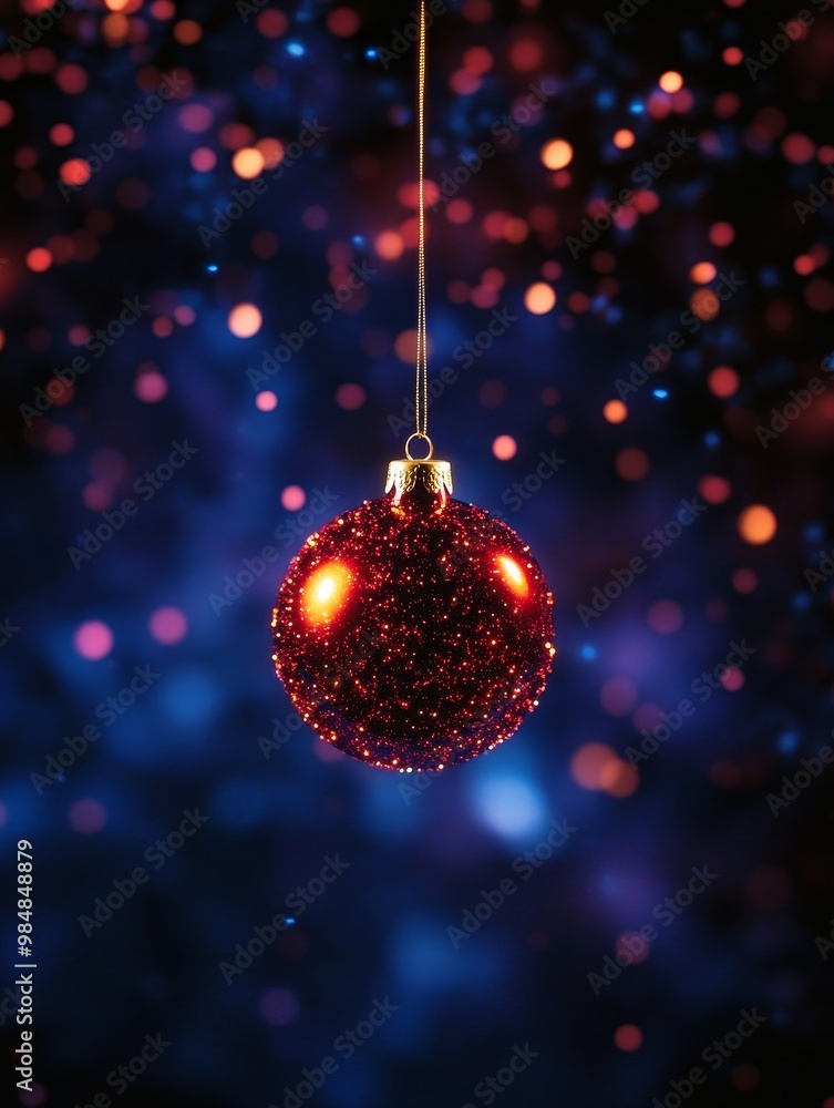 A single red Christmas ornament with glitter hangs against a blue background with bokeh lights, symbolizing celebration, joy, festivity, magic, and winter. A single red Christmas ornament with glitter hangs against a blue background with bokeh lights, symbolizing celebration, joy, festivity, magic, and winter.