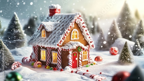 Christmas house in the forest with candies and winter holiday ornaments. Santa gingerbread house on the snow.