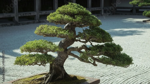 Perfectly Shaped Bonsai Tree in Zen Garden with Raked Gravel photo