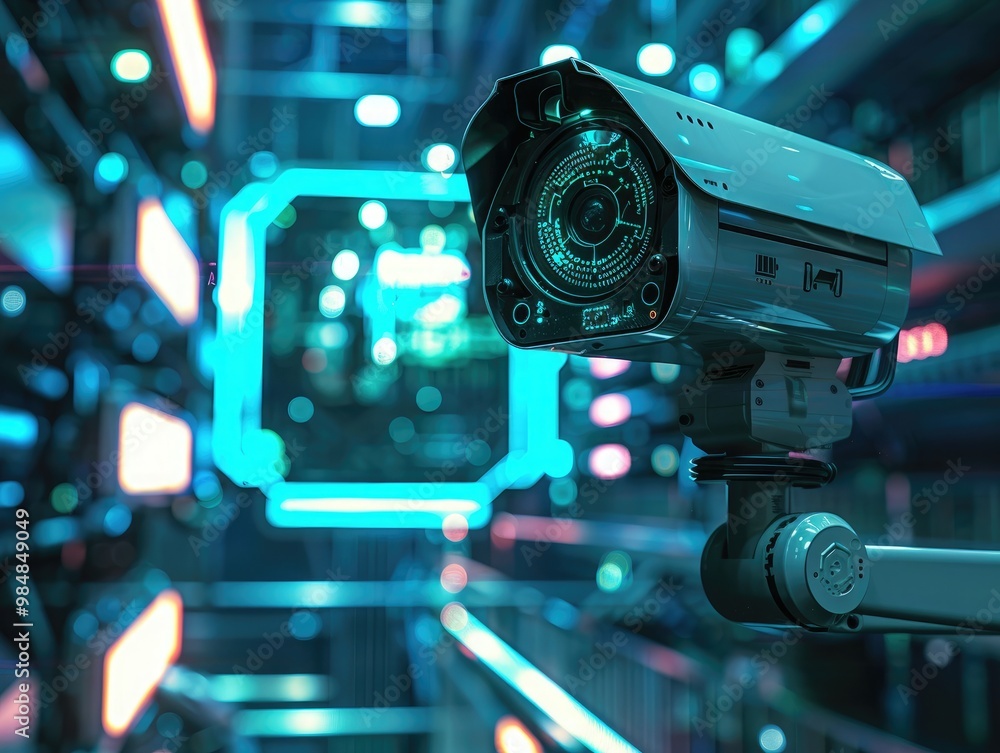 Advanced Surveillance Technology Concept with High-Definition CCTV Camera in a Futuristic Interface Environment Advanced Surveillance Technology Concept with High-Definition CCTV Camera in a Futuristic Interface Environment