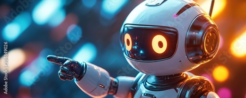 A futuristic robot with bright eyes pointing, showcasing advanced technology against a vibrant background.