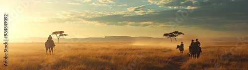 African safari at sunset with tourists riding camels through a vast savannah landscape  with acacia trees and distant mountains.