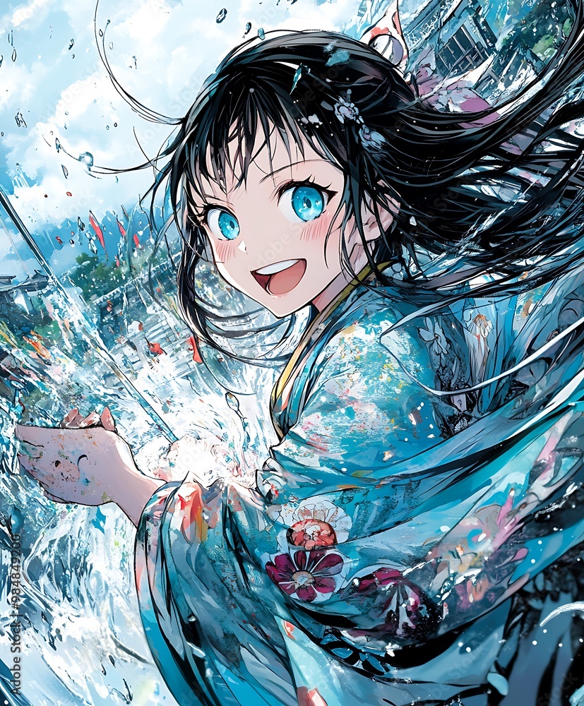 Anime Girl in Traditional Japanese Kimono, Digital Illustration Anime Girl in Traditional Japanese Kimono, Digital Illustration