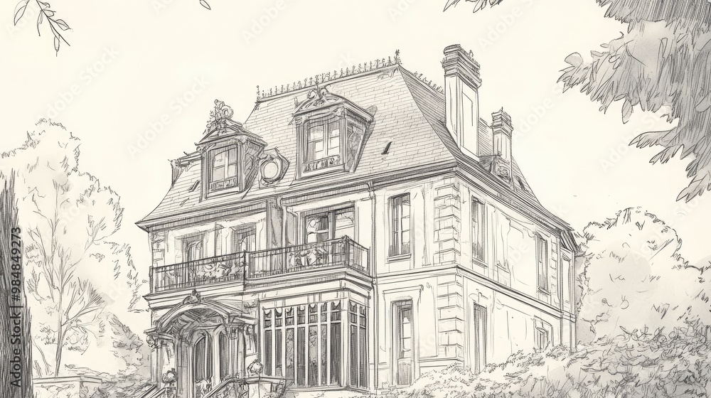 A pencil sketch of a large, two-story, French-style house with a balcony, surrounded by trees. A pencil sketch of a large, two-story, French-style house with a balcony, surrounded by trees.