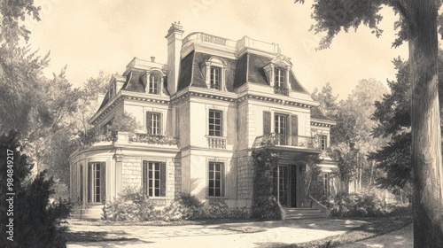 A vintage sketch of a grand, classic, European mansion with a mansard roof and manicured landscaping. photo