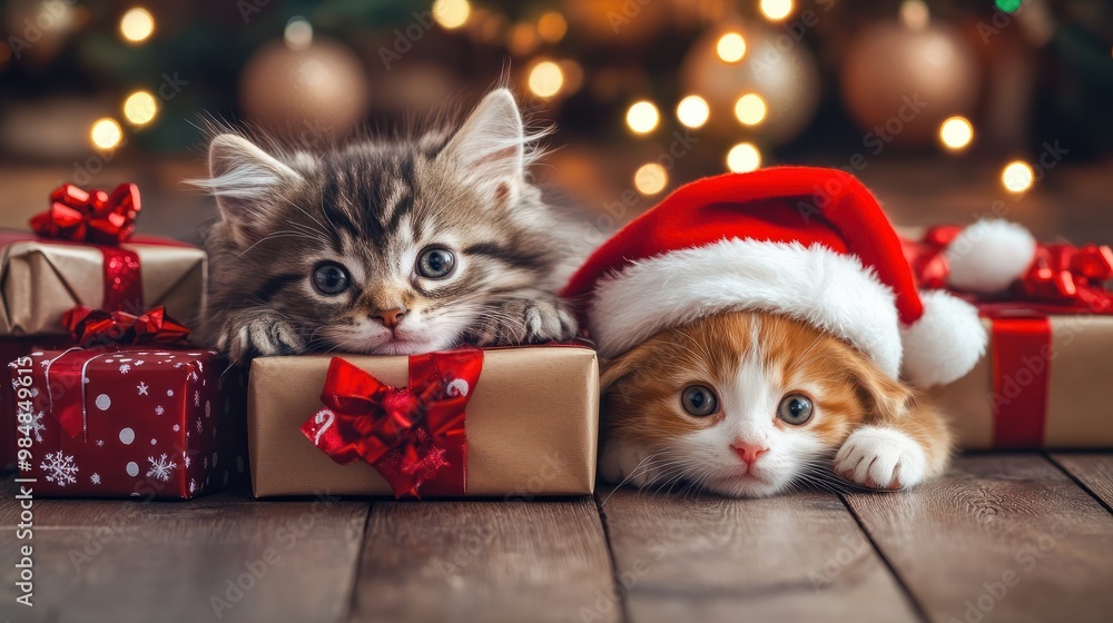 Cute cat and dog puppy with christmas gift boxes on wooden floor, Christmas concept, ai generative Cute cat and dog puppy with christmas gift boxes on wooden floor, Christmas concept, ai generative