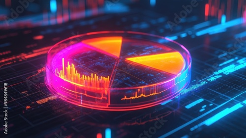 A glowing 3D pie chart with transparent sections, hovering in a digital space, with each segment representing different financial data points and percentages.