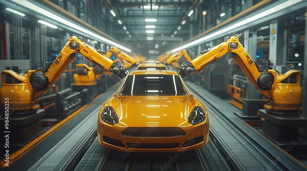 Futuristic car manufacturing scene featuring robotic arms assembling a yellow vehicle in a modern factory environment. Futuristic car manufacturing scene featuring robotic arms assembling a yellow vehicle in a modern factory environment.