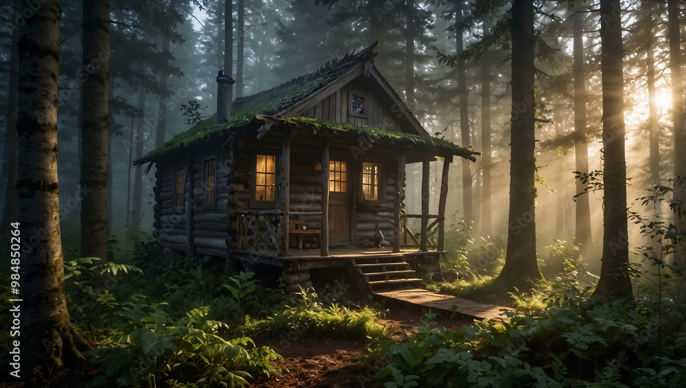 Misty forest with a hidden path revealed by morning light, explorers finding a cabin. Misty forest with a hidden path revealed by morning light, explorers finding a cabin.