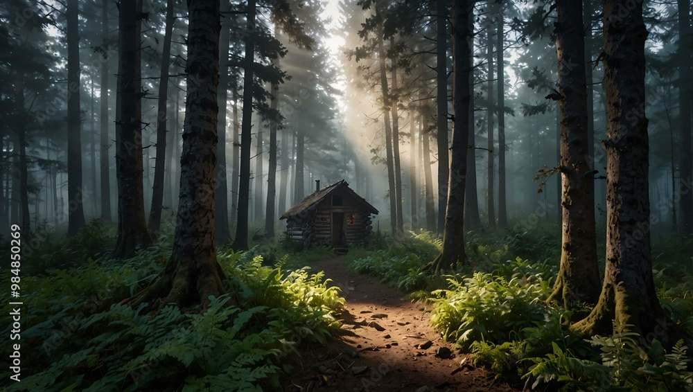 Misty forest with a hidden path revealed by morning light, explorers finding a cabin. Misty forest with a hidden path revealed by morning light, explorers finding a cabin.